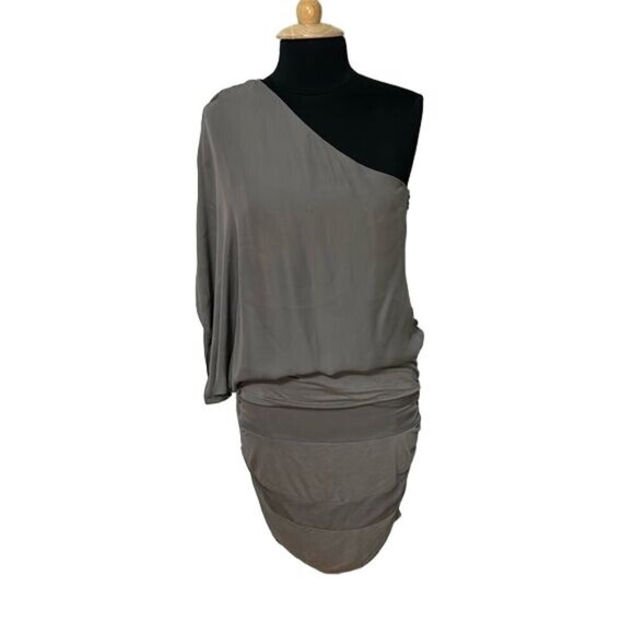 Alice + Olivia Taupe One-Shoulder Draped Mini Dress – Silk Blend Large Gray - Picture 2 of 8
